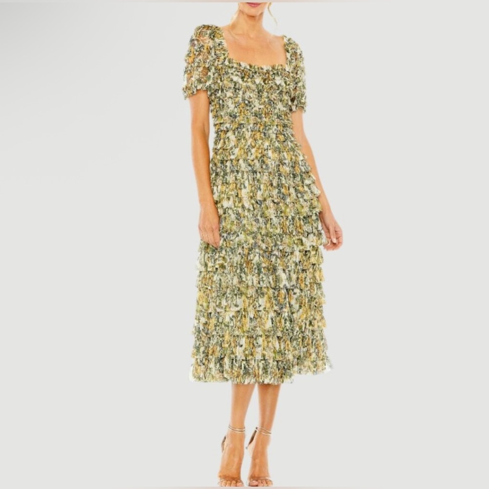 Mac Duggal NWT Multicolor Short Sleeve Micro Ruffle Tea Length Dress Size 10